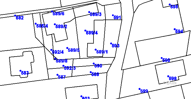 Parcela st. 589/1 v KÚ Hvozdná, Katastrální mapa