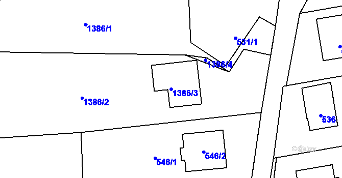 Parcela st. 1386/3 v KÚ Hvozdná, Katastrální mapa