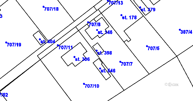 Parcela st. 398 v KÚ Hvozdnice, Katastrální mapa