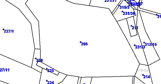 Parcela st. 286 v KÚ Hvožďany, Katastrální mapa