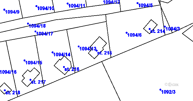 Parcela st. 215 v KÚ Hybrálec, Katastrální mapa