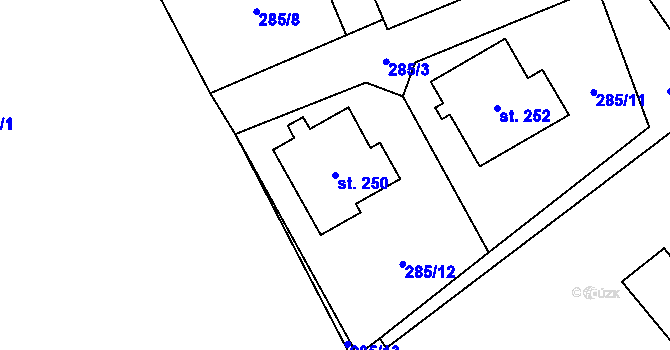 Parcela st. 250 v KÚ Hybrálec, Katastrální mapa
