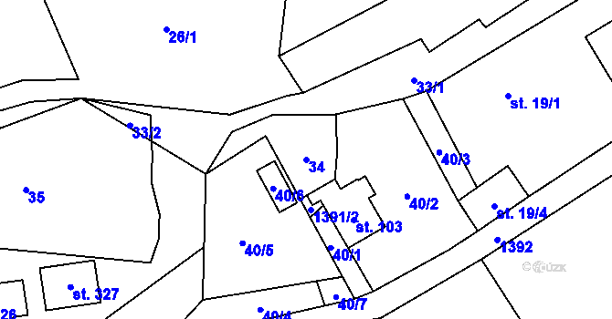 Parcela st. 34 v KÚ Hybrálec, Katastrální mapa