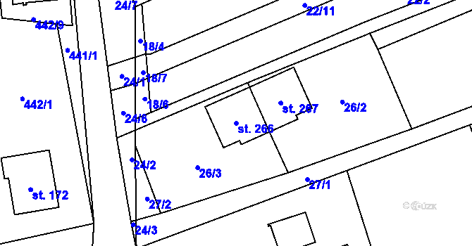 Parcela st. 266 v KÚ Hybrálec, Katastrální mapa