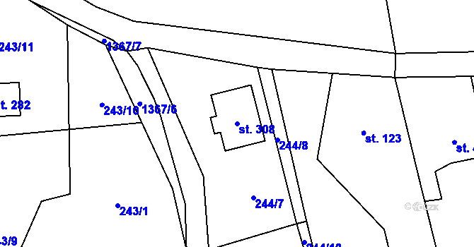 Parcela st. 308 v KÚ Hybrálec, Katastrální mapa