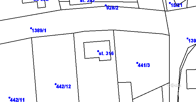 Parcela st. 316 v KÚ Hybrálec, Katastrální mapa