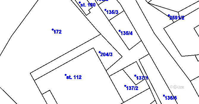 Parcela st. 204/3 v KÚ Hynčina, Katastrální mapa