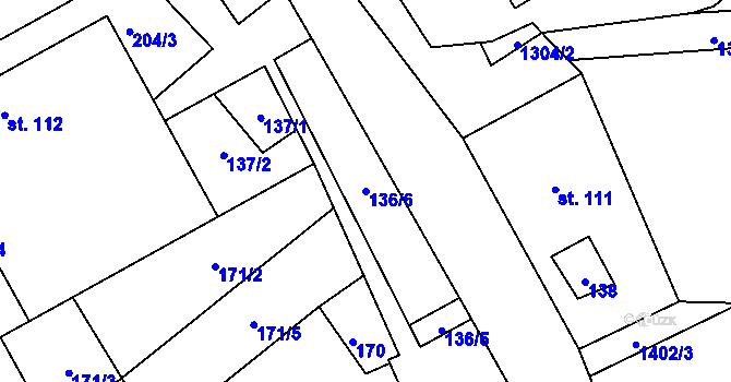 Parcela st. 136/6 v KÚ Hynčina, Katastrální mapa