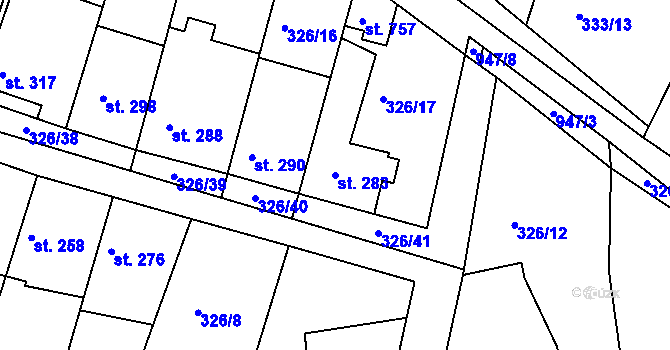 Parcela st. 283 v KÚ Hýskov, Katastrální mapa