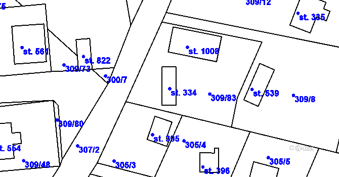 Parcela st. 334 v KÚ Hýskov, Katastrální mapa