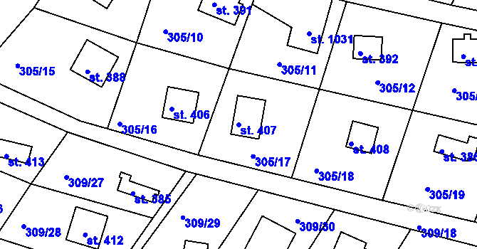 Parcela st. 407 v KÚ Hýskov, Katastrální mapa