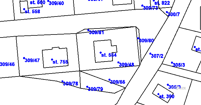 Parcela st. 554 v KÚ Hýskov, Katastrální mapa