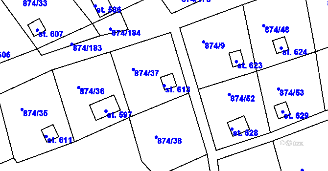 Parcela st. 613 v KÚ Hýskov, Katastrální mapa