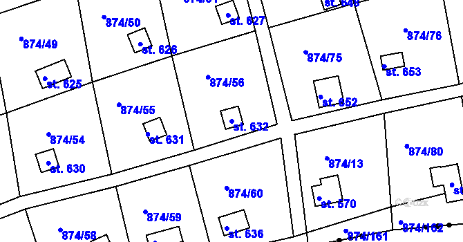 Parcela st. 632 v KÚ Hýskov, Katastrální mapa