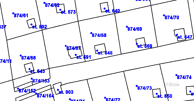 Parcela st. 645 v KÚ Hýskov, Katastrální mapa