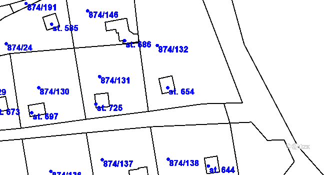 Parcela st. 654 v KÚ Hýskov, Katastrální mapa