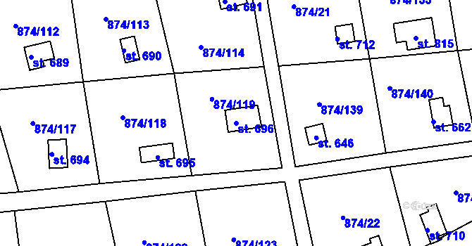 Parcela st. 696 v KÚ Hýskov, Katastrální mapa