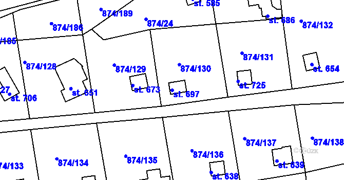 Parcela st. 697 v KÚ Hýskov, Katastrální mapa