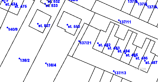 Parcela st. 137/21 v KÚ Hýskov, Katastrální mapa