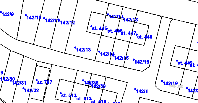 Parcela st. 142/14 v KÚ Hýskov, Katastrální mapa