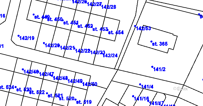Parcela st. 142/24 v KÚ Hýskov, Katastrální mapa