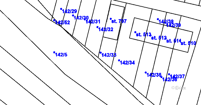 Parcela st. 142/33 v KÚ Hýskov, Katastrální mapa