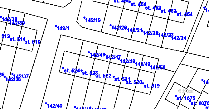 Parcela st. 142/47 v KÚ Hýskov, Katastrální mapa