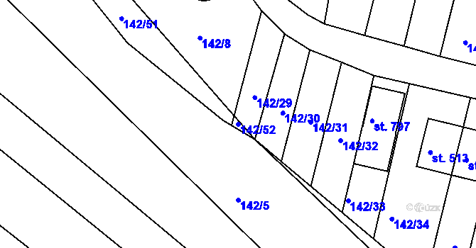 Parcela st. 142/52 v KÚ Hýskov, Katastrální mapa