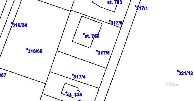 Parcela st. 317/5 v KÚ Hýskov, Katastrální mapa