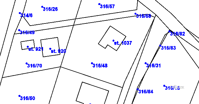 Parcela st. 316/48 v KÚ Hýskov, Katastrální mapa