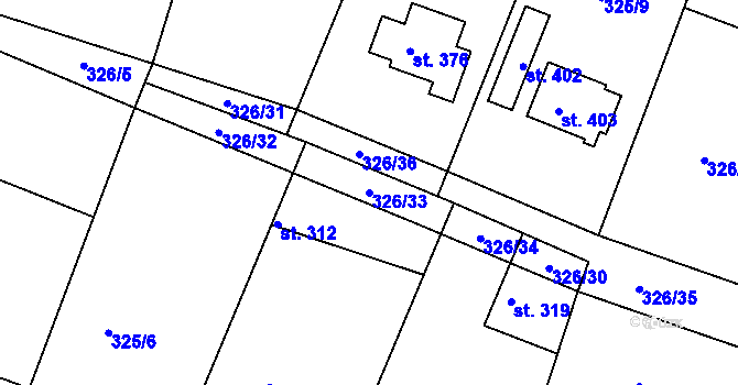 Parcela st. 326/33 v KÚ Hýskov, Katastrální mapa