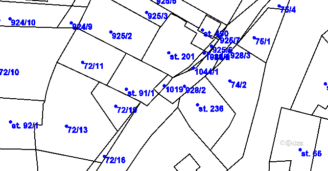 Parcela st. 1019 v KÚ Hýskov, Katastrální mapa