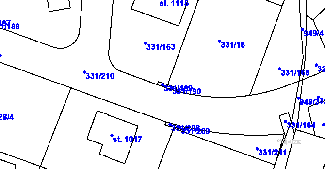 Parcela st. 331/189 v KÚ Hýskov, Katastrální mapa