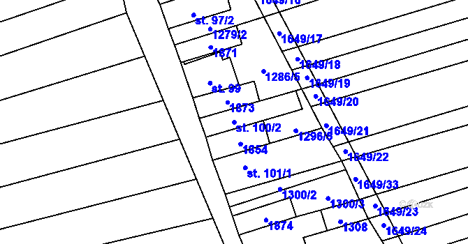 Parcela st. 100/2 v KÚ Hýsly, Katastrální mapa