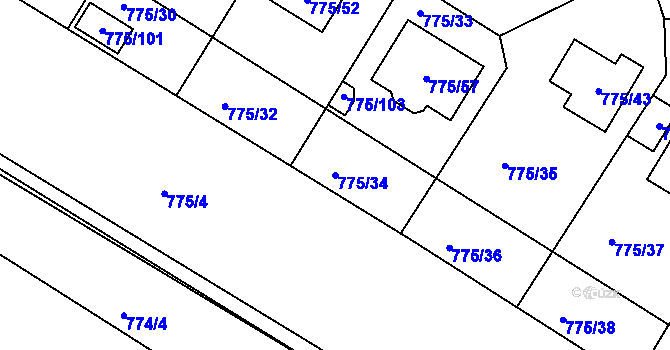 Parcela st. 775/34 v KÚ Chabařovice, Katastrální mapa