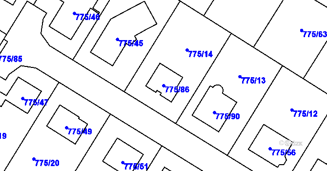 Parcela st. 775/86 v KÚ Chabařovice, Katastrální mapa