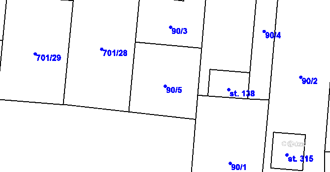 Parcela st. 90/5 v KÚ Chabeřice, Katastrální mapa