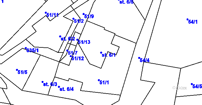 Parcela st. 6/1 v KÚ Hlásnice u Šternberka, Katastrální mapa