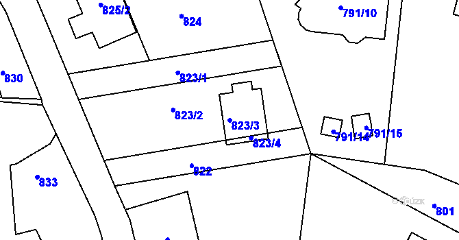 Parcela st. 823/3 v KÚ Chaloupky, Katastrální mapa
