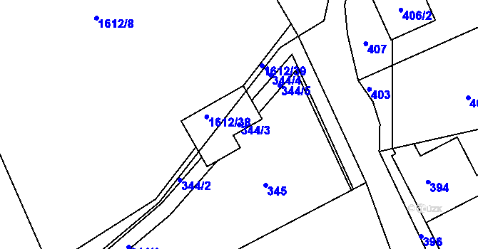 Parcela st. 344/3 v KÚ Chaloupky, Katastrální mapa