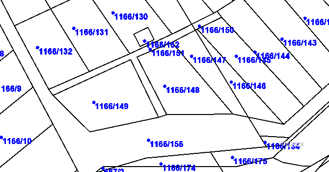 Parcela st. 1166/148 v KÚ Charvátská Nová Ves, Katastrální mapa