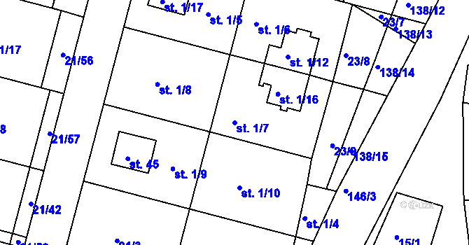 Parcela st. 1/7 v KÚ Vadkovice, Katastrální mapa