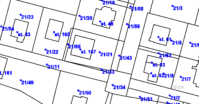 Parcela st. 21/21 v KÚ Vadkovice, Katastrální mapa