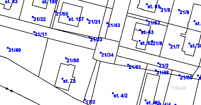 Parcela st. 21/34 v KÚ Vadkovice, Katastrální mapa
