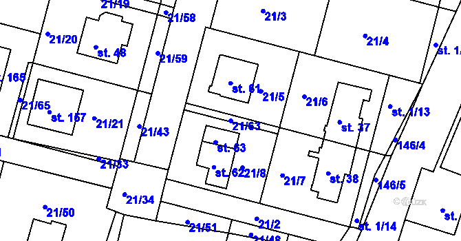 Parcela st. 21/63 v KÚ Vadkovice, Katastrální mapa