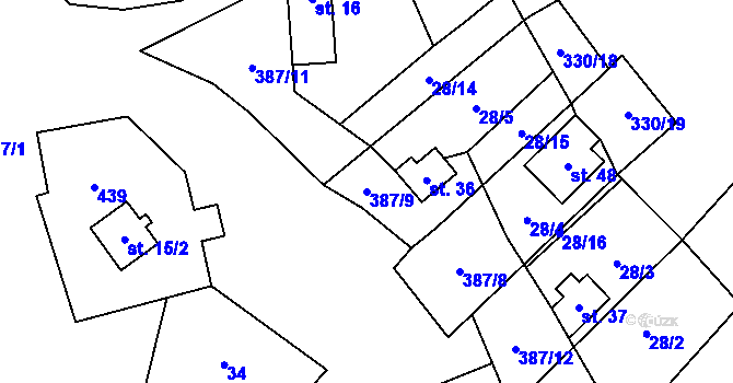 Parcela st. 387/9 v KÚ Bříza nad Ohří, Katastrální mapa