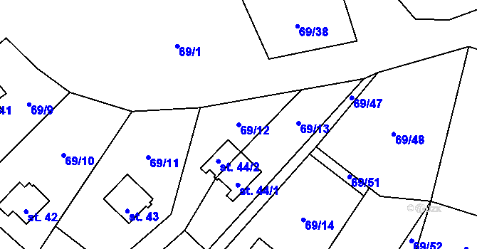 Parcela st. 69/12 v KÚ Podhoří u Chebu, Katastrální mapa
