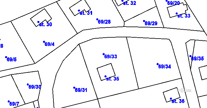 Parcela st. 69/33 v KÚ Podhoří u Chebu, Katastrální mapa