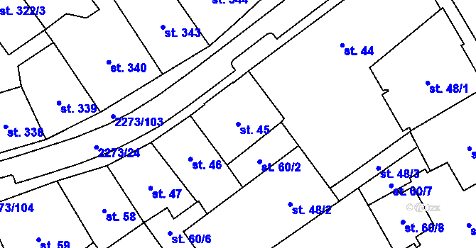Parcela st. 45 v KÚ Cheb, Katastrální mapa