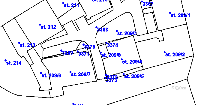 Parcela st. 209/8 v KÚ Cheb, Katastrální mapa